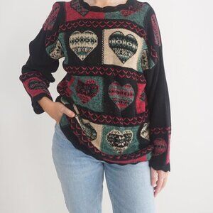 Vintage New Edition Black w Pink Valentine's Hearts Knit Crewneck Sweater L